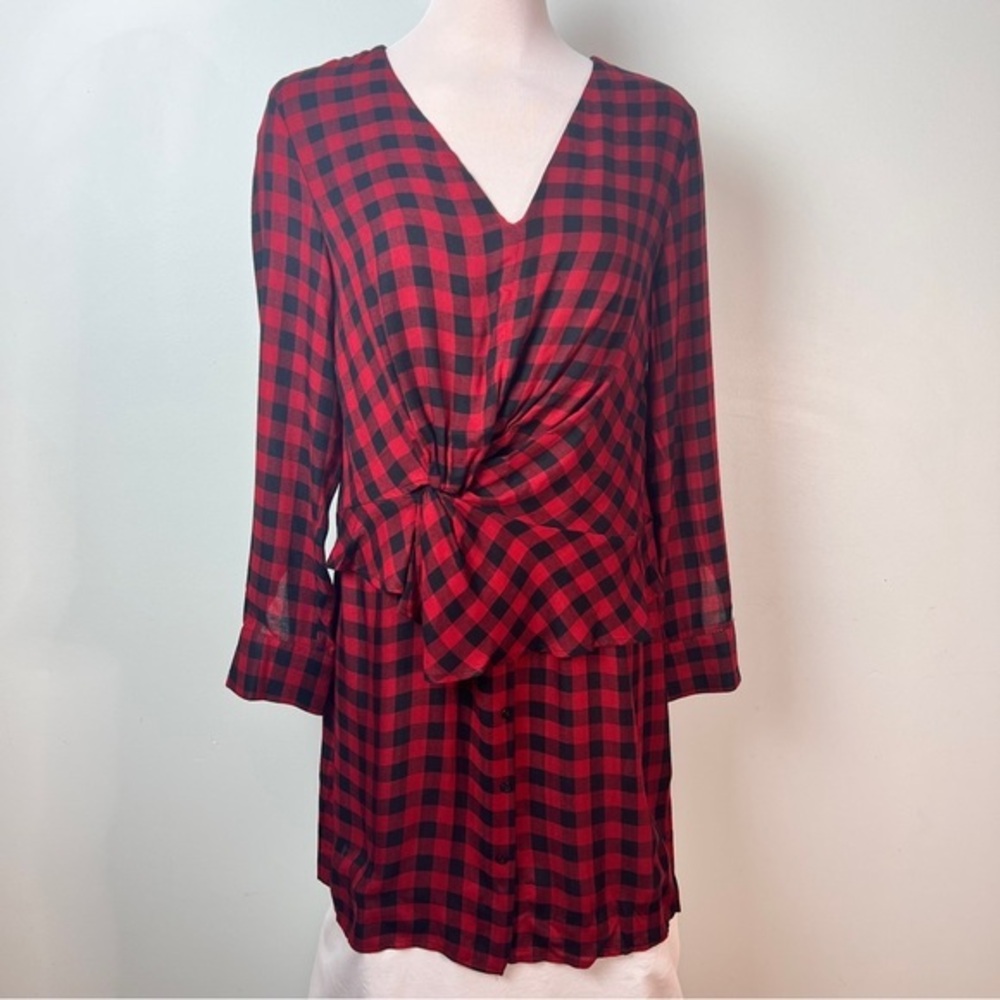 Zara Red & Black Buffalo Check Draped Knot Dress Plaid Long Sleeve |Size M